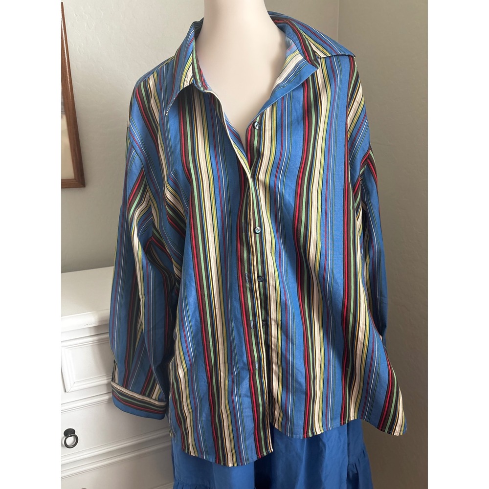 Wrinkle Free Classic Fit Vertical Striped Button Down Shirt Blue Multi Color 20W